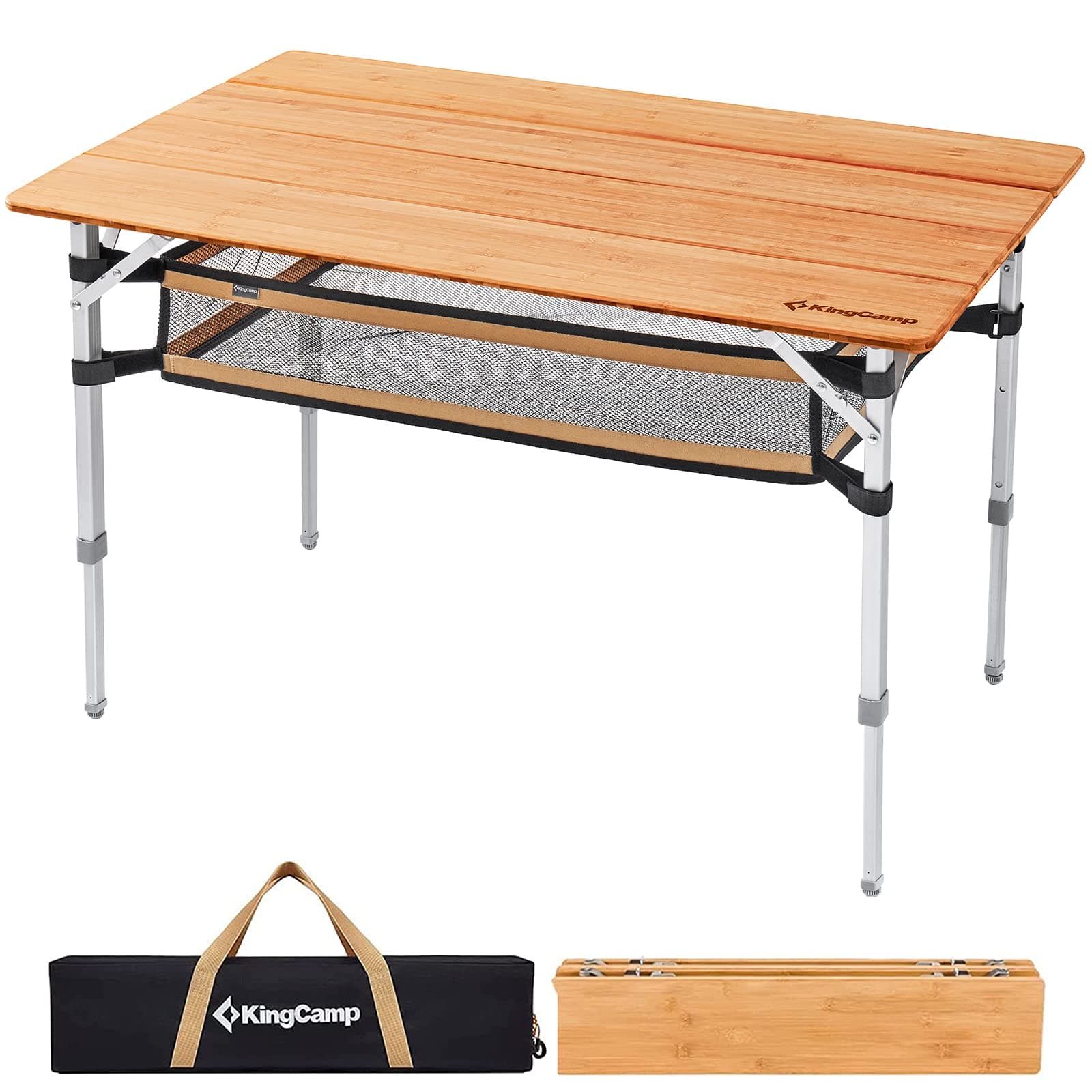 KingCamp Bamboo Folding Camping Table Adjustable. Supports 176lbs with A Premium Bamboo Top and 3 Adjustable Heights, Ideal for Stable Dining or Cooking at Picnics, RVs, and Glamping Sites