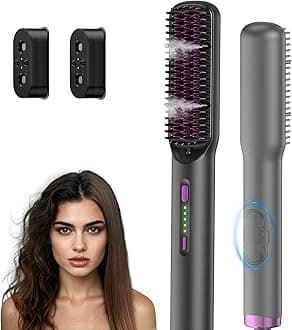 2 in 1 Steam Hair Straightener Brush, MSDS Approved 30s Fast Heat-up Electric Portable steam Straightener Brush Hot Comb with 2 Essential Oils, Reduce Frizz, Nourishes Hair, 20Min Auto Shut-Off