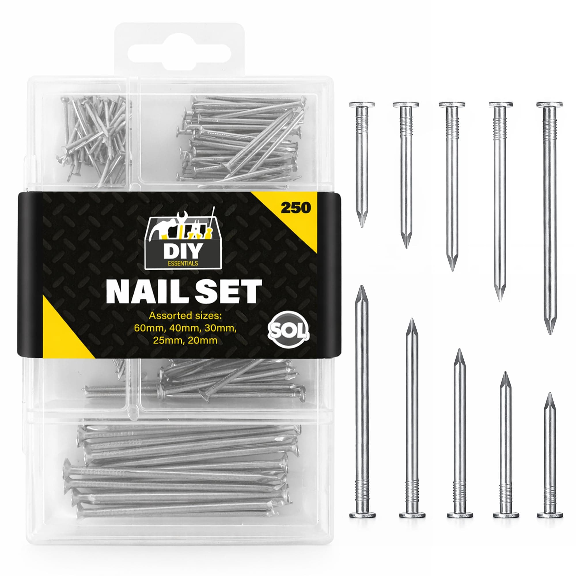 SOL 250pk Masonry Nails Assorted 60mm 40mm 30mm 25mm 20mm Hardened Steel Fixings for Brick Concrete Stone Walls DIY Construction Repairs Home Improvement Supplied in Organised Storage Box