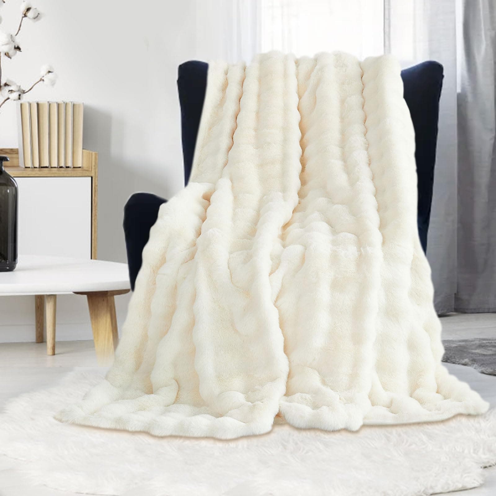 Fluffy Blanket White - Soft Throw Blanket for Couch, Fuzzy Plush Rabbit Faux Fur Blanket, Cute Cozy Blankets for Women, Thick Bubble Blankets for Bed Sofa Bedroom Living Room - 39" x 63" Small