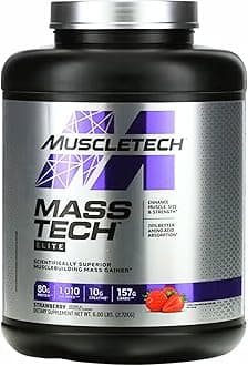 MuscleTech Mass Tech Elite Muscle Building Mass Gainer Enhance Muscle Size & Strength with 20% Better Amino Acid Absorption, Protein, Creatine, BCAAs, Calories & Carbs, Strawberry Flavor 6.00 lbs