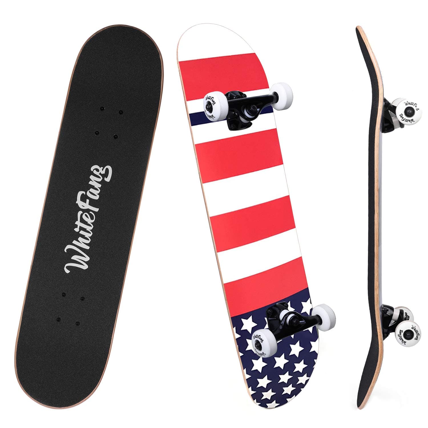 WhiteFang Skateboards for Beginners, Complete Skateboard 31 x 7.88, 7 Layer Canadian Maple Double Kick Concave Standard and Tricks Skateboards for Kids and Beginners