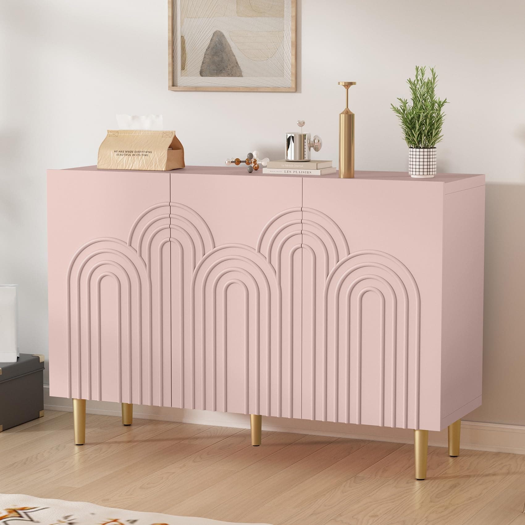 ARTPOWER 47" Accent Cabinet with Cloud Relief, Sideboard Buffet Cabinet with 3 Doors,Modern Buffet Cabinet,Credenza Storage Cabinet for Living Room, Kitchen, Dining Room, Hallway, Entryway, Pink