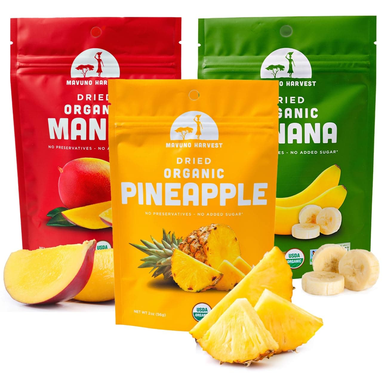 Mavuno Harvest Organic Dried Fruit Variety Pack | Dried Mango, Pineapple, and Banana | Healthy, Vegan, No Sugar Added, Non GMO Snacks for Kids & Adults | 2 Ounce, Pack of 3