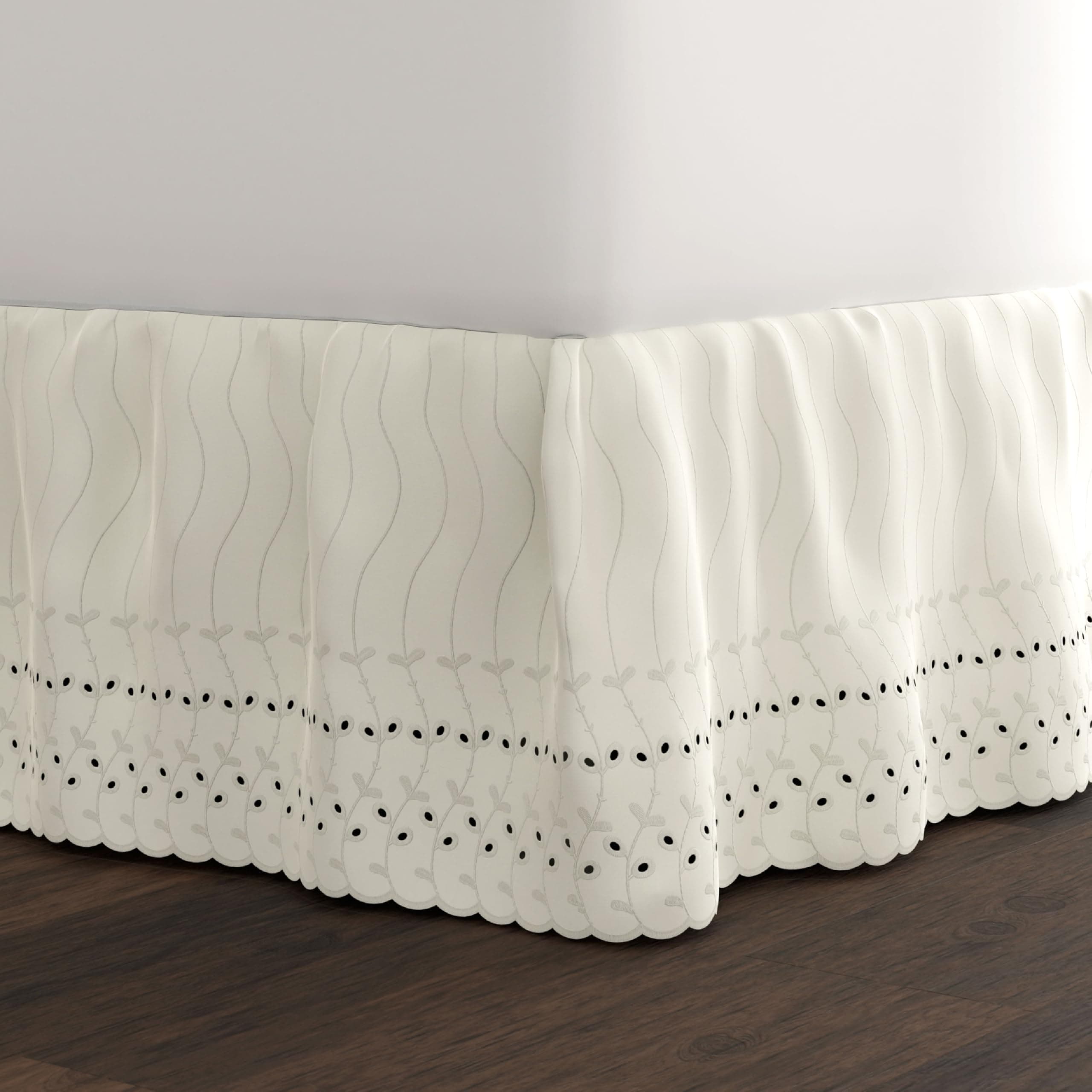 Eyelet Bed Skirt, Ruffled Design, 14 Inch Drop, Embroidered Scalloped Edge, Queen, Ivory