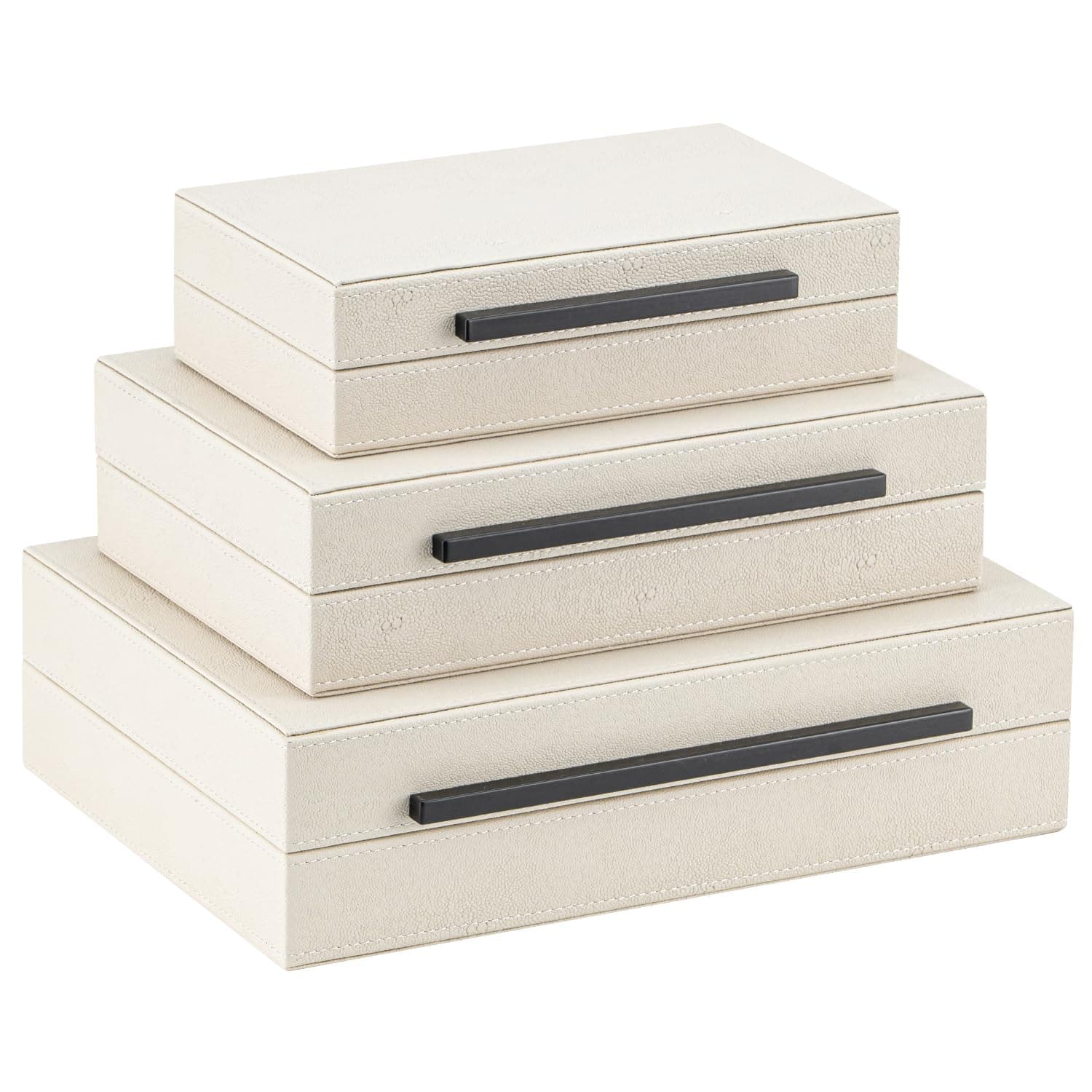 Set of 3 Beige Shagreen Decorative Storage Boxes with Black Metal Handles –Faux Leather Large Modern Stackable Nesting Jewelry Box with Lids Organizer