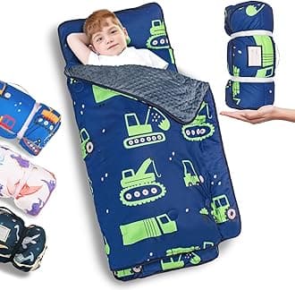 Thickened Toddler Nap Mat with Removable Pillow and Minky Blanket, Extra Large 55''x35'' Sleeping Bag, Washable, Roll up, Perfect for Daycare, Preschool, Kindergarten, Boys (Excavator)
