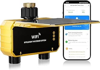 Smart WiFi Water Timer 2 Zone No Need Gateway, Solar WiFi Sprinkler Valve Timer for Garden Hose APP & Remote Control Alexa & Google Voice Compatible,Rain Delay, Manual Mode Sprinkler System