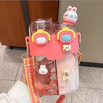 TIAASTAP Cute Water Bottle with Straw - Kawaii Kids Water Bottle with Strap Portable Plastic Drinking Bottle Aesthetic Water Bottle Girls Boys with Stickers for School Travel Sports Outdoor (Pink)