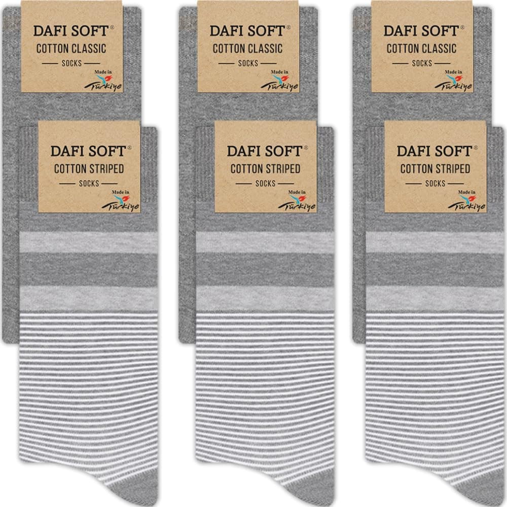 Dafi soft 6 Pairs Striped & Plain Seamless Toe Premium Breathable Men’s Fashion Cotton Socks - Made in Turkey