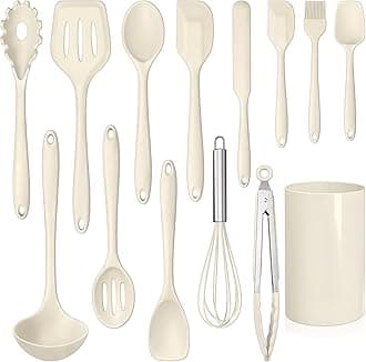 LIANYU14 Pcs Kitchen Utensils Set with Holder, Silicone Cooking Utensils Spatula Set, Heat Resistant Cookware Tools Includes Spoon Turner Whisk Tong, Dishwasher safe, Cream White