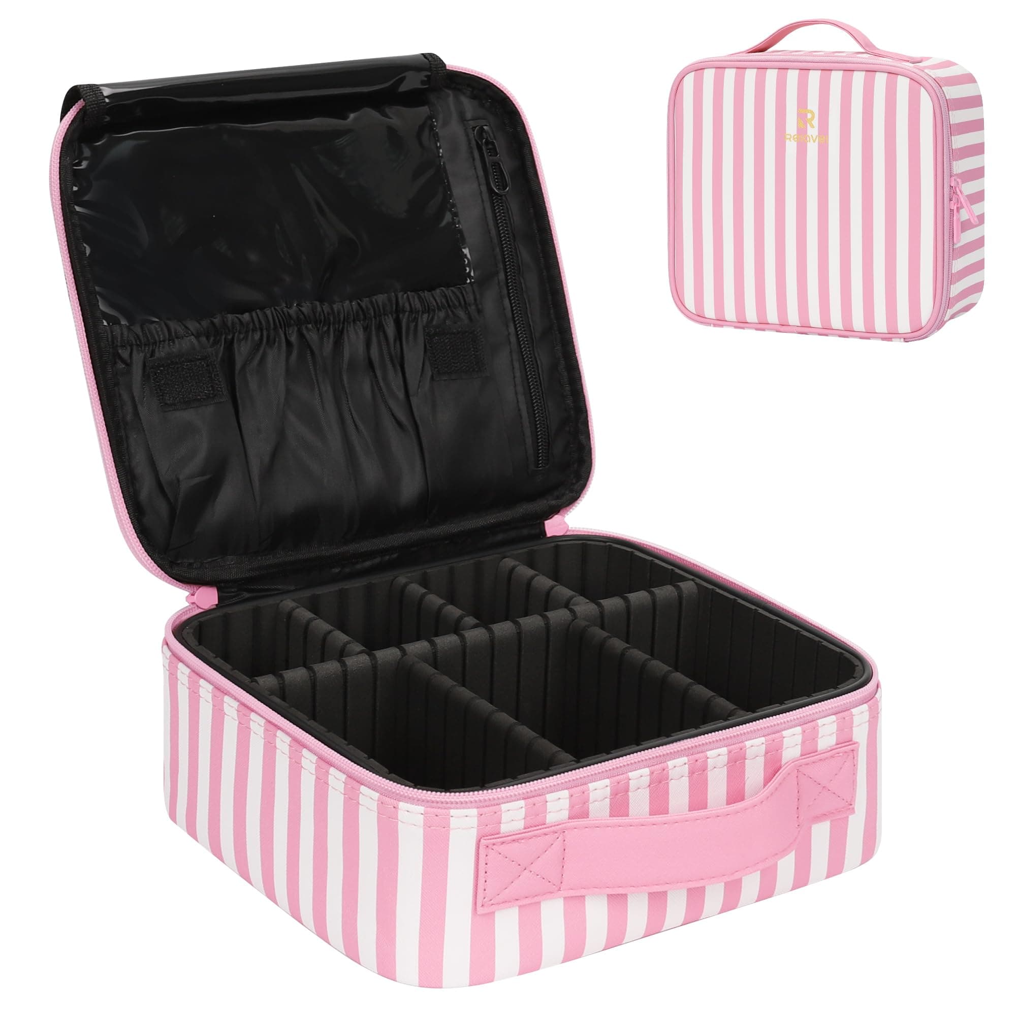 Relavel Travel Makeup Train Case Makeup Cosmetic Case Organizer Portable Artist Storage Bag with Adjustable Dividers for Cosmetics Makeup Brushes Toiletry Jewelry, Pink Stripe, S, Travel Makeup Bag