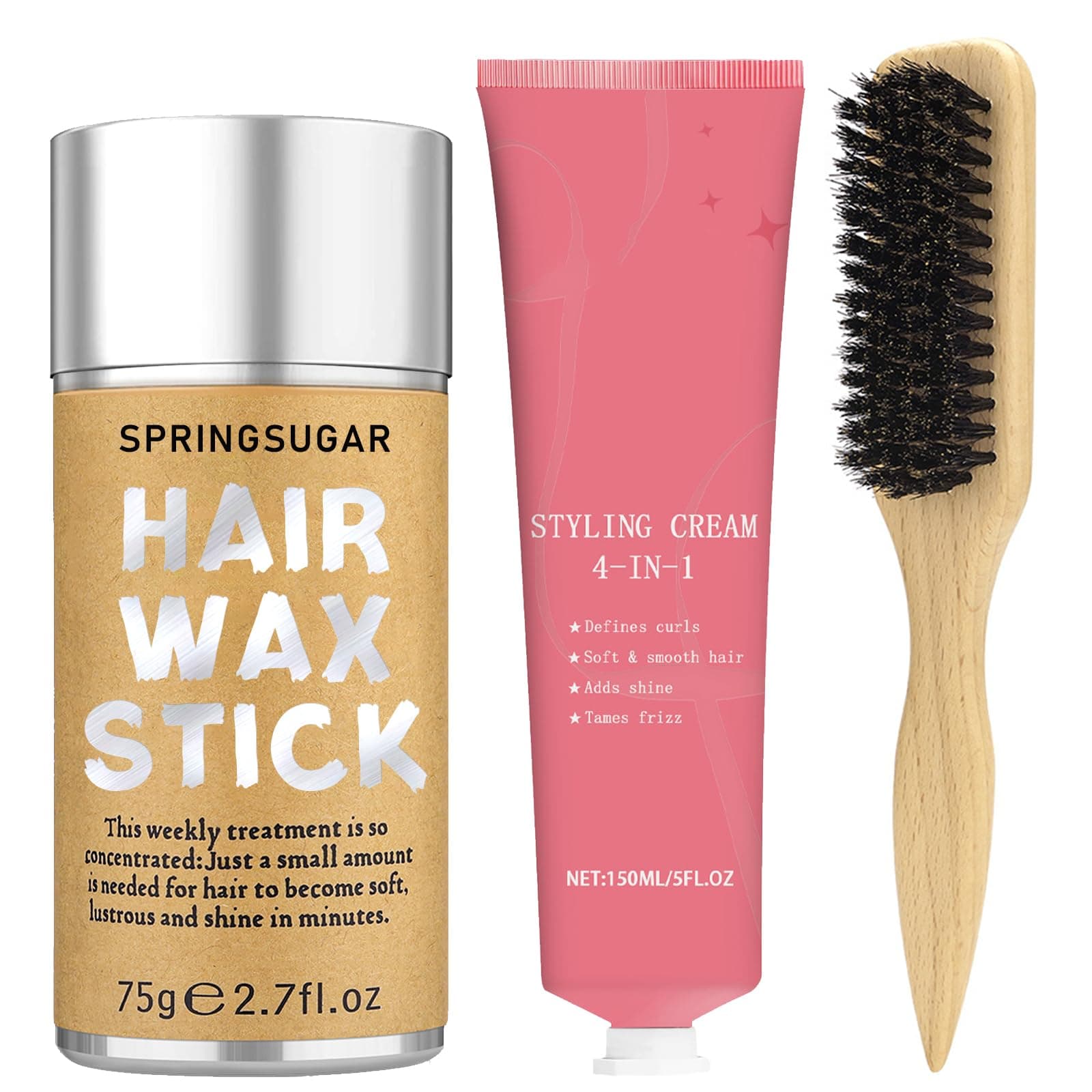 4-in-1 Styling Cream for Flyaways, Curl Defining & Shine – with Slick Back Boar Bristle Brush & Hair Wax Stick – Smooth Sleek Hair Tamer Set, Non-Greasy, for Women & Kids