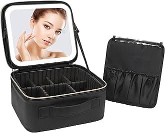 Relavel Makeup Bag with LED Mirror, Travel Make Up Bag Cosmetic Organizer Case with Makeup Mirror for Women, Rechargeable Vanity Mirror with 3 Color Light & Brightness Adjustment, Adjustable Dividers