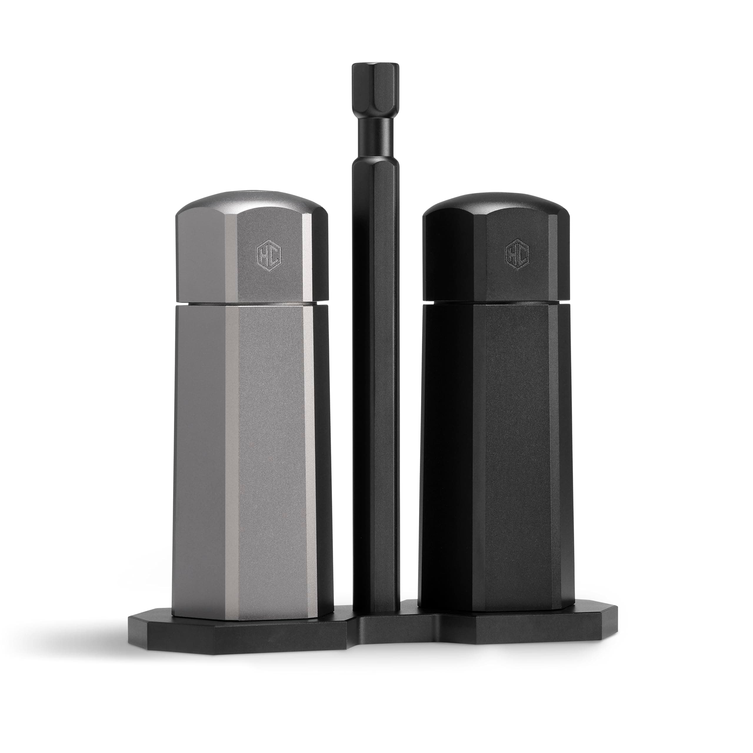 Tabletop Salt and Pepper Mill Set and Carrying Caddy Holder with Adjustable Coarseness Settings