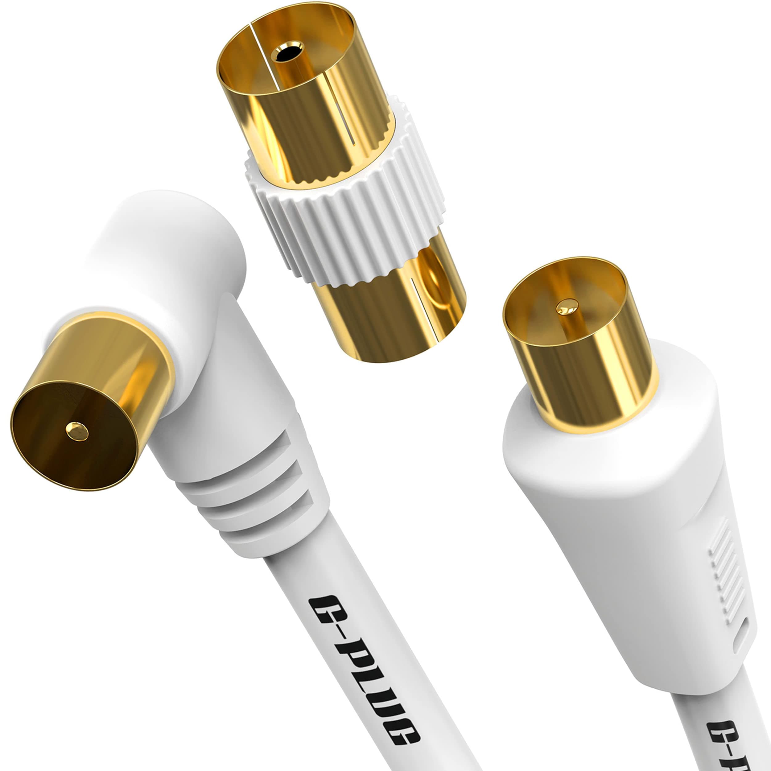 1m Long Tv Aerial Right Angle with Plug Adapter Coaxial Satellite Cable TV Antenna AV Lead Male to Male Coax Extension Cable Gold Plated Connectors White Flylead for Freeview, Sky/SkyHD, Virgin, BT