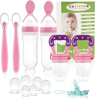 WAJIAYON Baby Fruit Feeder Pacifier - 6 Pack | 2 Infant Food Feeder Pacifier & 2 Baby Food Dispensing Spoon | Fresh Fruit Teethers for Babies | Silicone Feeder Babies,Infant Teething Feeders (Pink)