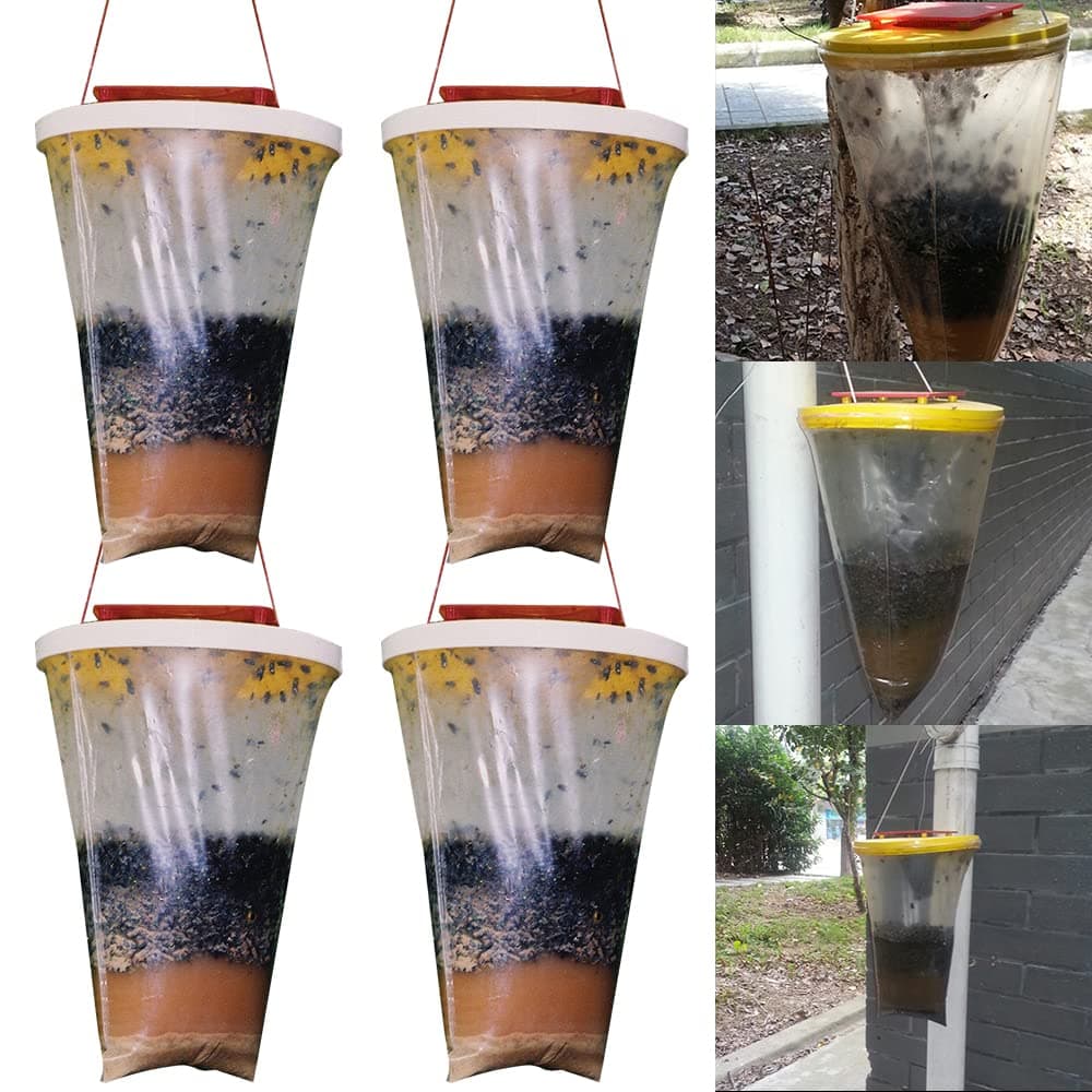 AVCXEC 4 Pack Red Top Fly Traps, Disposable Horse fly trap Outdoor, Non-Toxic 1fly Catcher Outdoor, Hanging fly Trap with 1Fly Bait, 1Fly trap Bags, fly Bags Traps Outdoor for Farm, Garden, Horse Barn