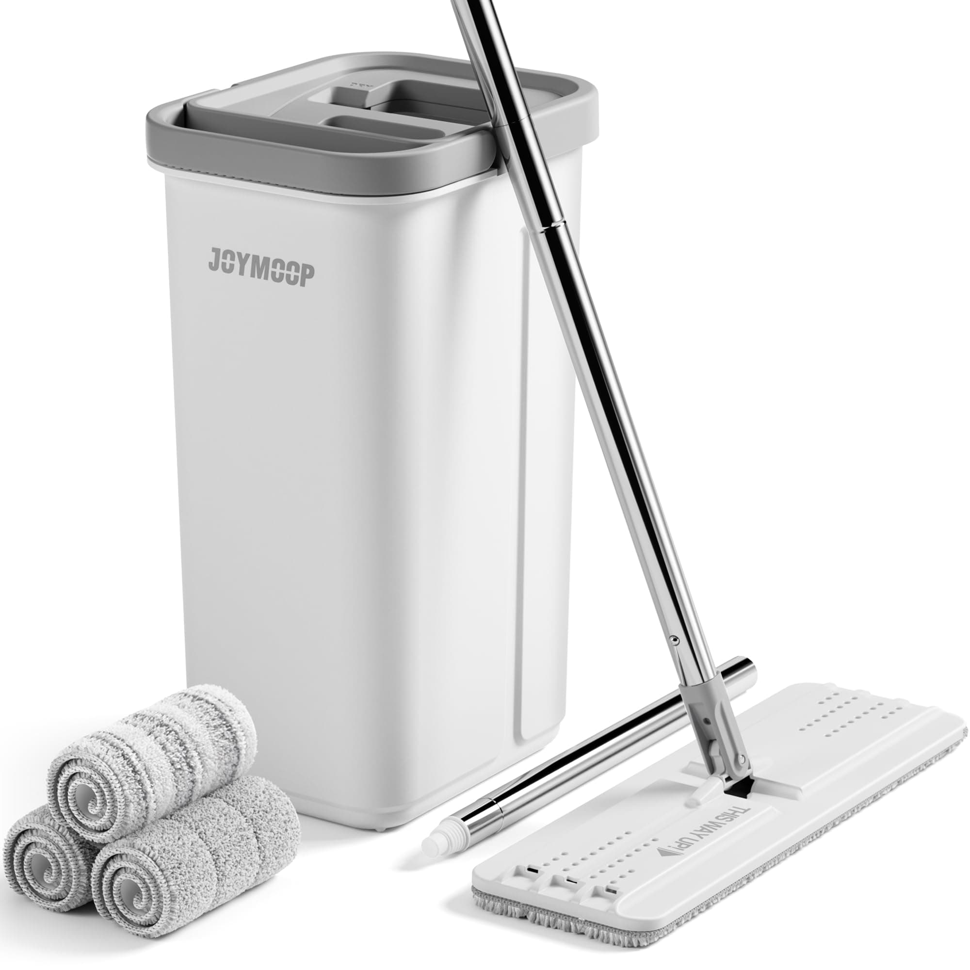JOYMOOP Mop and Bucket with Wringer Set, Hands Free Flat Floor Mop and Bucket, 60" Mop with 3 Reusable Microfiber Pads, Wet and Dry Use, Floor Cleaning System