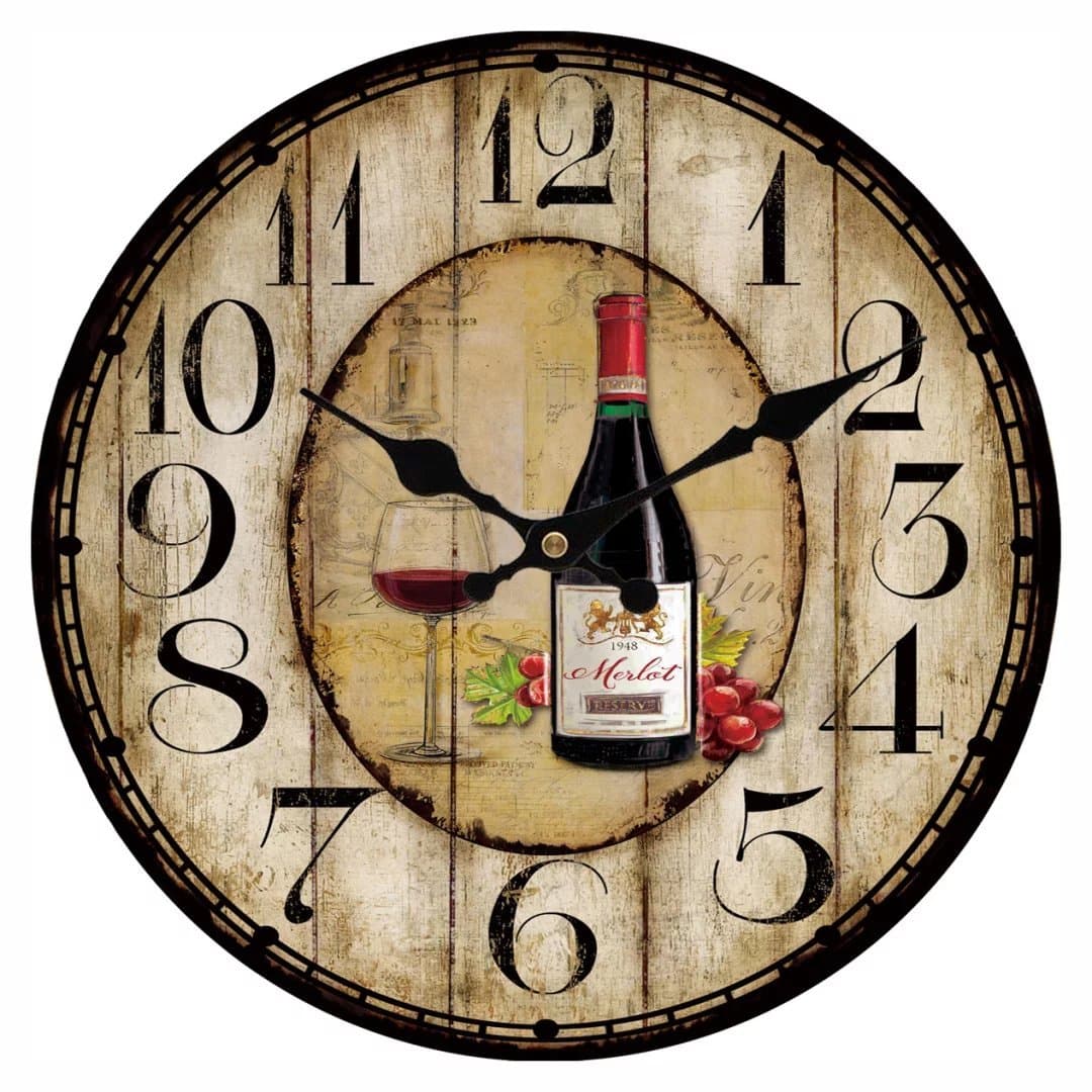 Unique Home Hanging Decor Red Cup Wine Round Wall Clock Rustic Country Shop Style 14"
