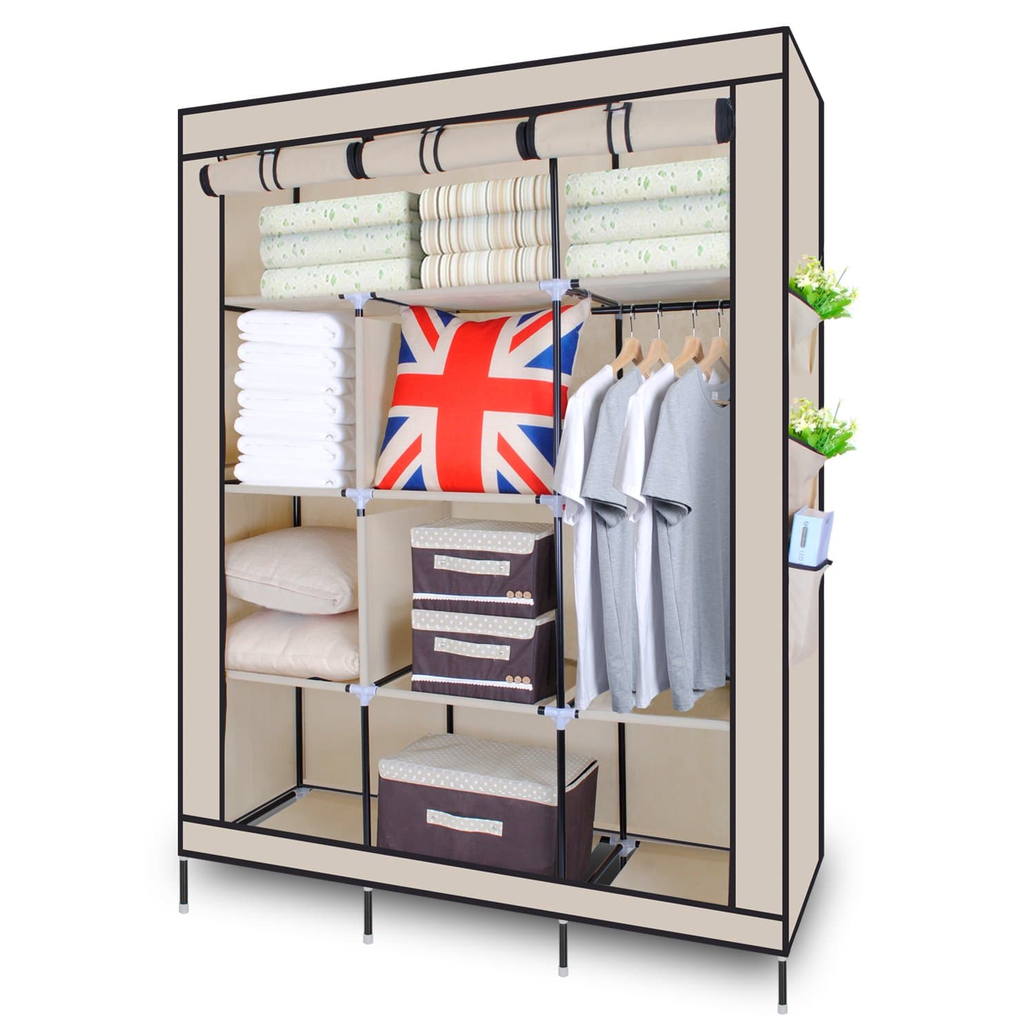 Canvas Wardrobe, HST Mall Triple Canvas Clothes Cupboard Hanging Rail Shelves Bedroom Storage Furniture 172 x 125 x 42 cm Beige