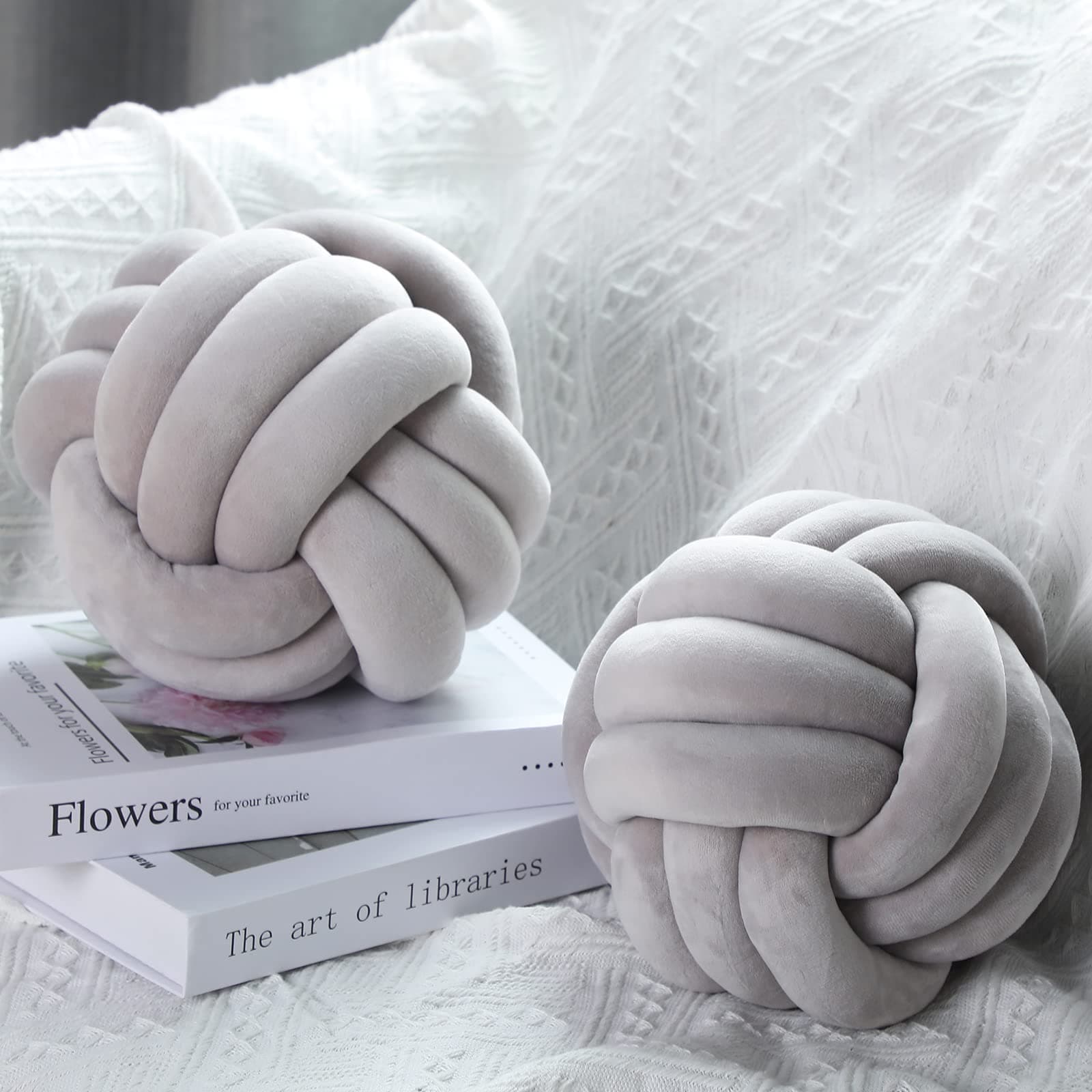 2 Pieces 10.6 Inch Soft Knot Ball Pillows Round Throw Pillow Throw Knotted Pillow Decorative Round Plush Pillow Waist Cushion Pillow Home Decoration for Sofa Car Bed Office (Light Gray)