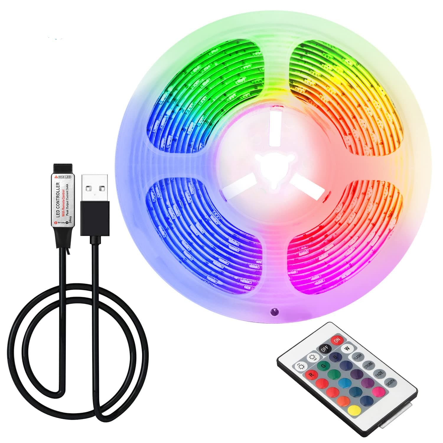 ruimeimei 6.56ft/2M USB LED Strip Lights, 5 Volts 16 Color 5050 LED,24 Keys Remote DIY Indoor Decoration, for TV Backlight,