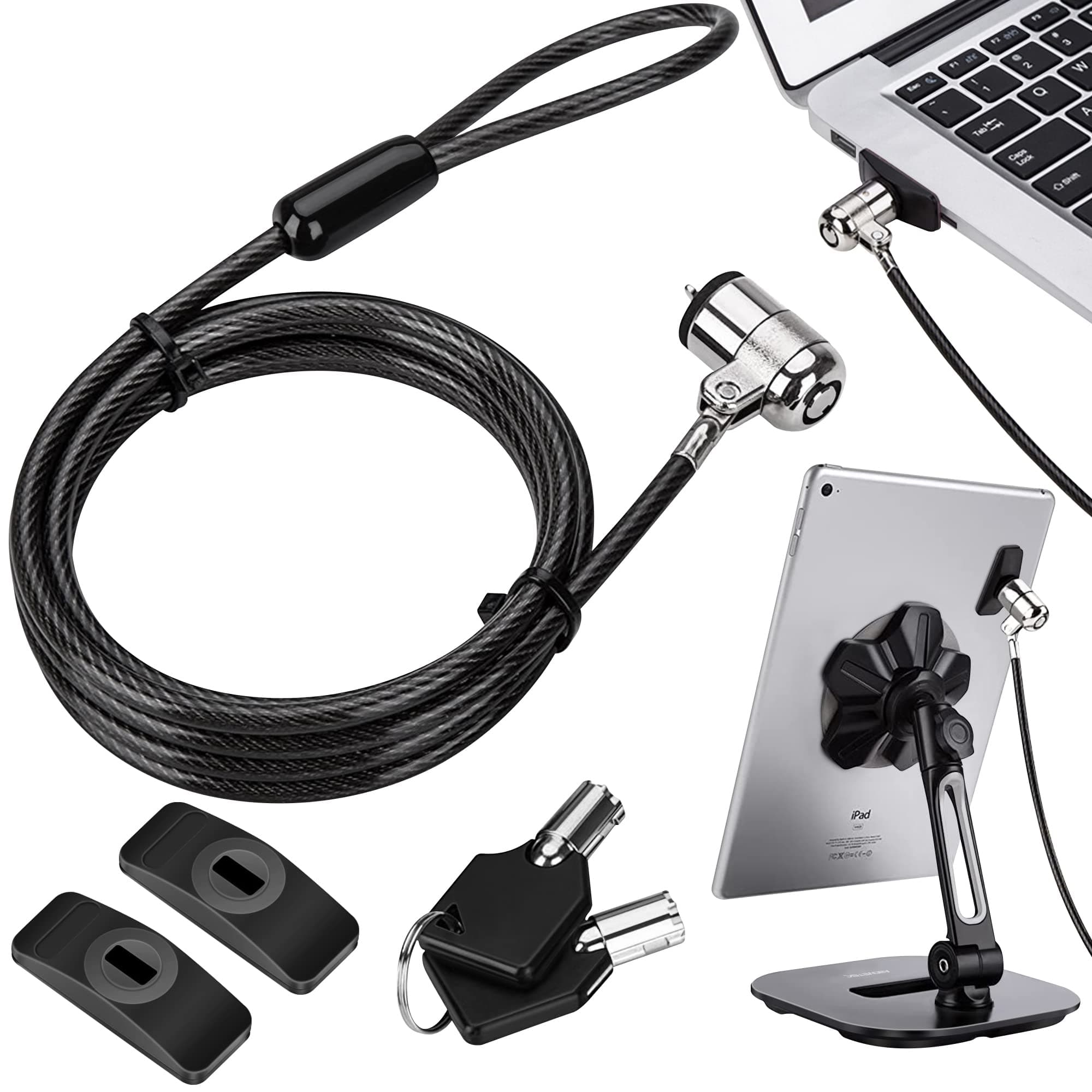 Laptop Lock, Tablet Lock Security Cable, 2 Keys Sturdy Steel iPad Locking Kit w/Adhesive Anchors, Anti Theft Hardware Protection for iPhone Mobile Notebook Computer Monitor MacBook Laptop