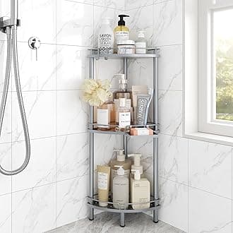 Corner Shower Caddy Standing, 3 Tier Rustproof Metal Shower Organizer with Soap Holder, Floor Shower Corner Shelf Rack Storage Stands with Adjustable Feet & 2 Hooks for Bathroom, Silver