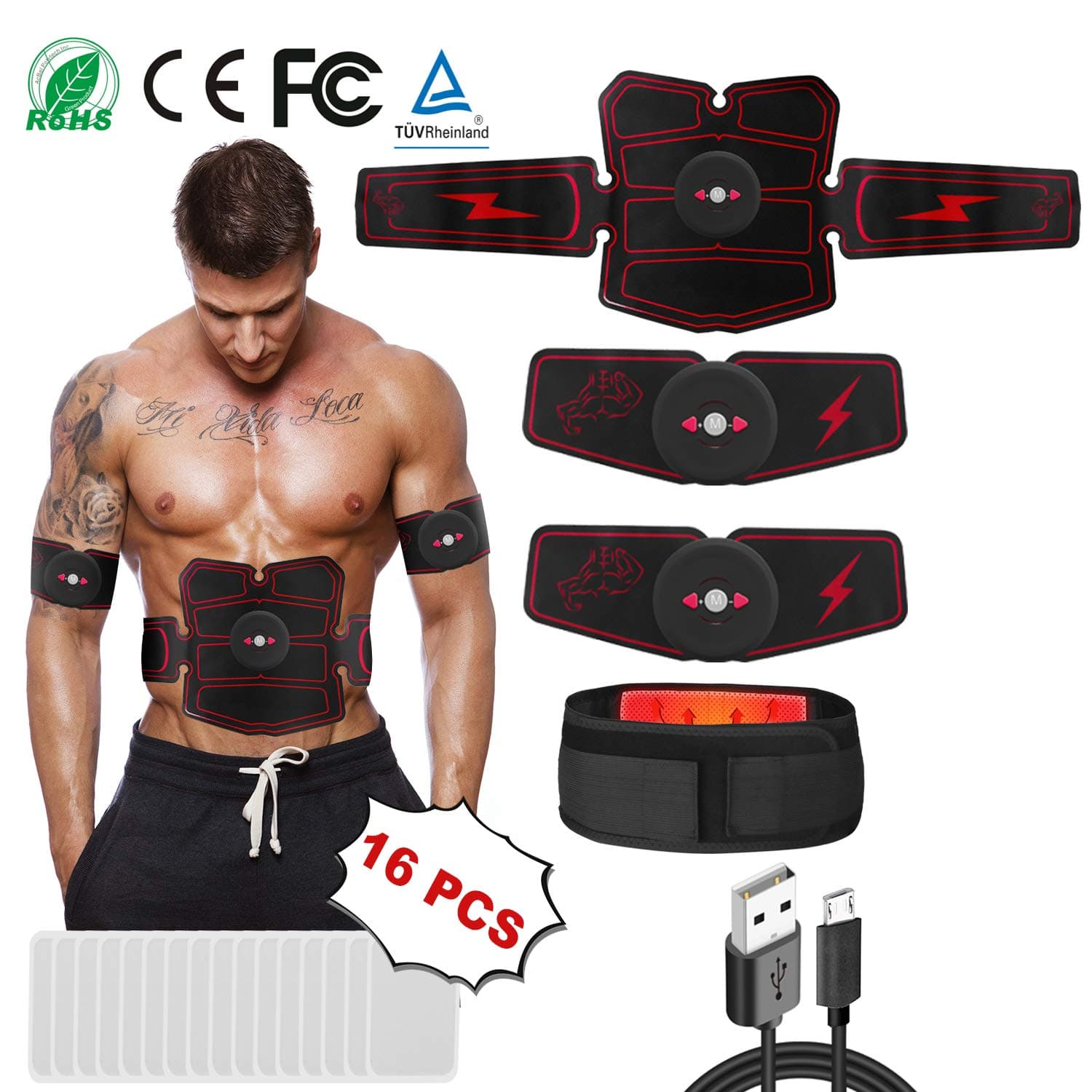 Per Shape Abs Trainer Muscle Stimulator,EMS Trainer Abdominal Belt USB Rechargeable Muscles Toner Abs Belt Abdominal Trainer Fitness Device with 16pcs Replacement Gel Pads
