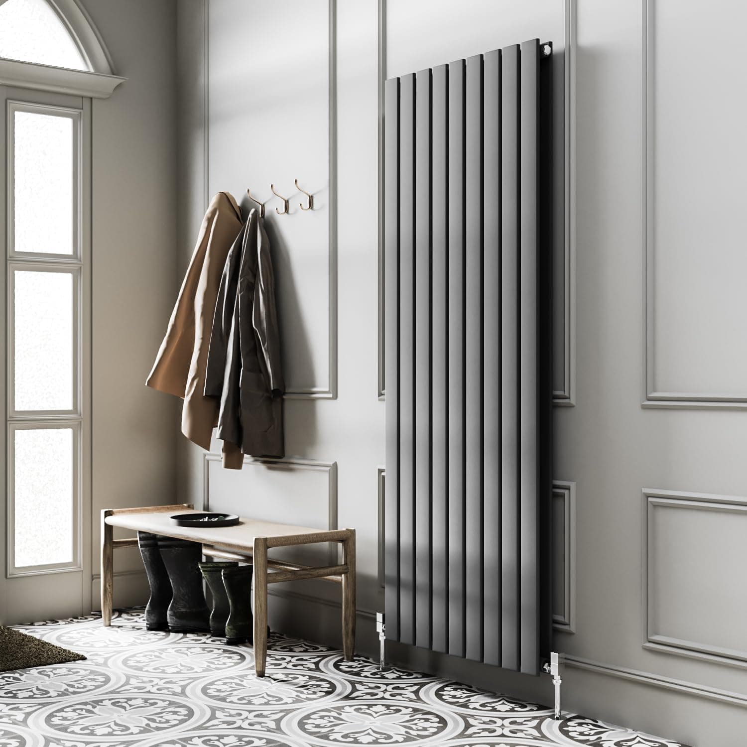 Pinta 1200 x 612mm Vertical Radiator Anthracite Flat Panel Double Column Tall Upright Radiator Anthracite Grey Wall Mounted Central Heating Includes Mounting Brackets