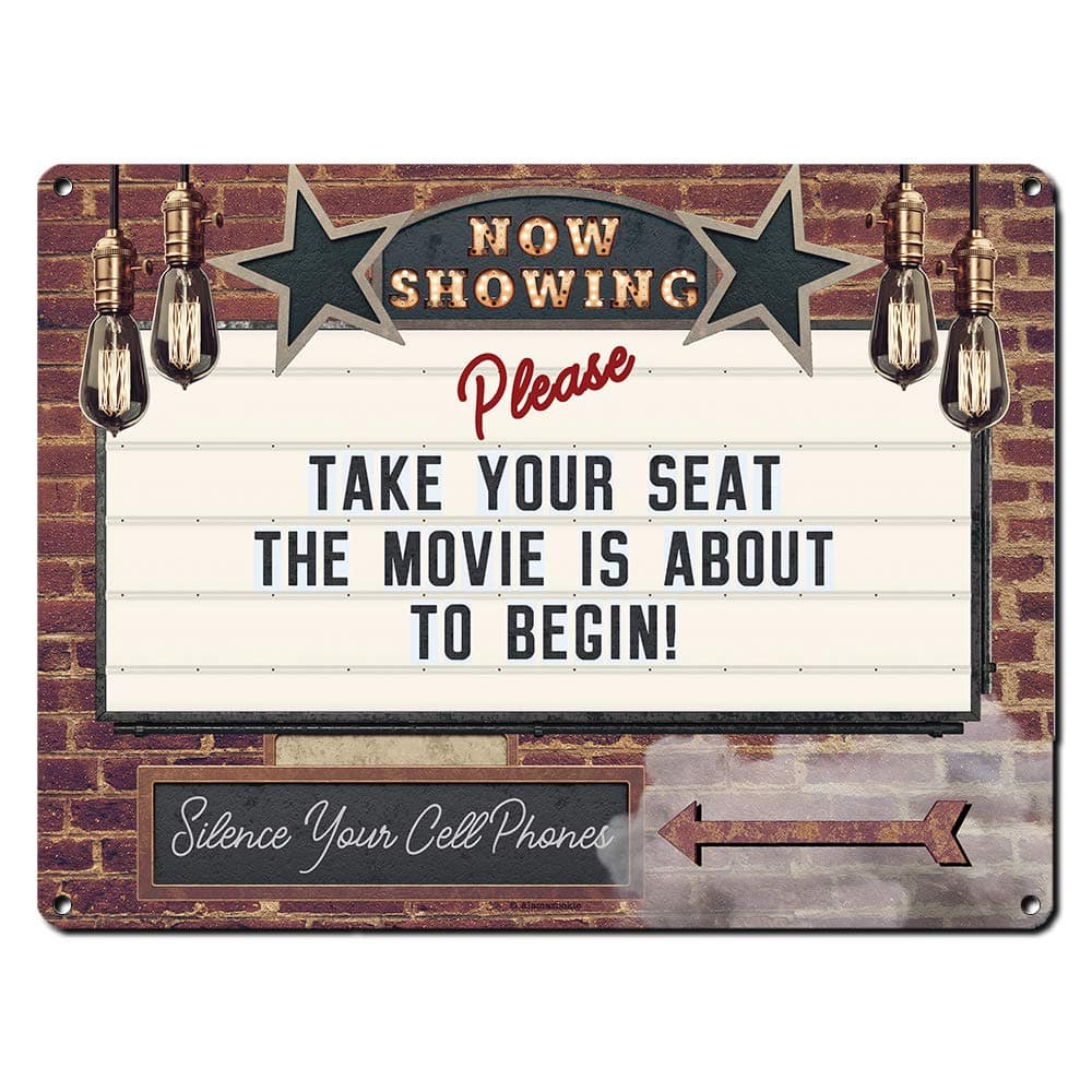 Now Showing Please Take Your Seat, 11.5 x 15.5 Inch Aluminum Sign, Vintage Style Home Theater Decor for Movie, Media, Cinema Room, Gifts for Movie Lovers, Actor, Actress, Screenwriter AL-1216-RK3078