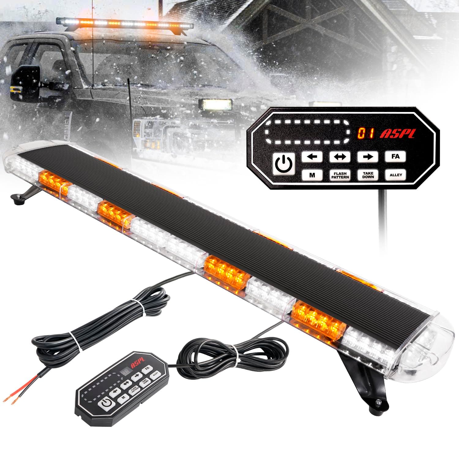 ASPL 47" Low Profile Roof Top Strobe Lights Bar with Controller High Intensity 88 LED Emergency Warning Flashing Traffic Advisor Snow Plow Light for Trucks Vehicles Tow Pickup (Amber/White)