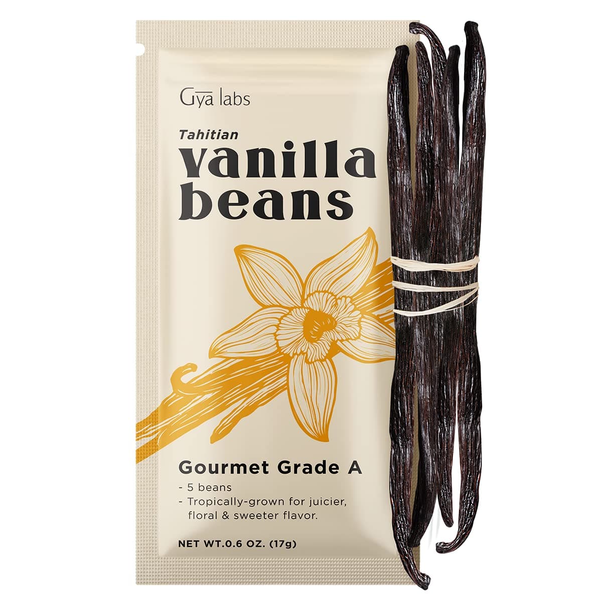 Gya Labs Grade A Tahitian Vanilla Beans (5 Beans Pack) for Home Baking & Chefs - Pure, Gourmet Grade 5 to 7 inches Vanilla Pods - Smoky, Sweet & Rich flavor for Desserts, Cooking & Extract Making