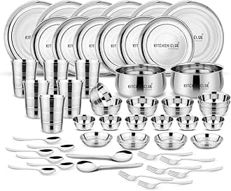 KITCHEN CLUE Premium Grade Quality Stainless Steel Dinner Set of 52 Pcs, Silver Touch Design - Attractive & Stylish Looks - Add Grace to Your Kitchen - Exclusive Kitchen Set for Home - Highly Durable