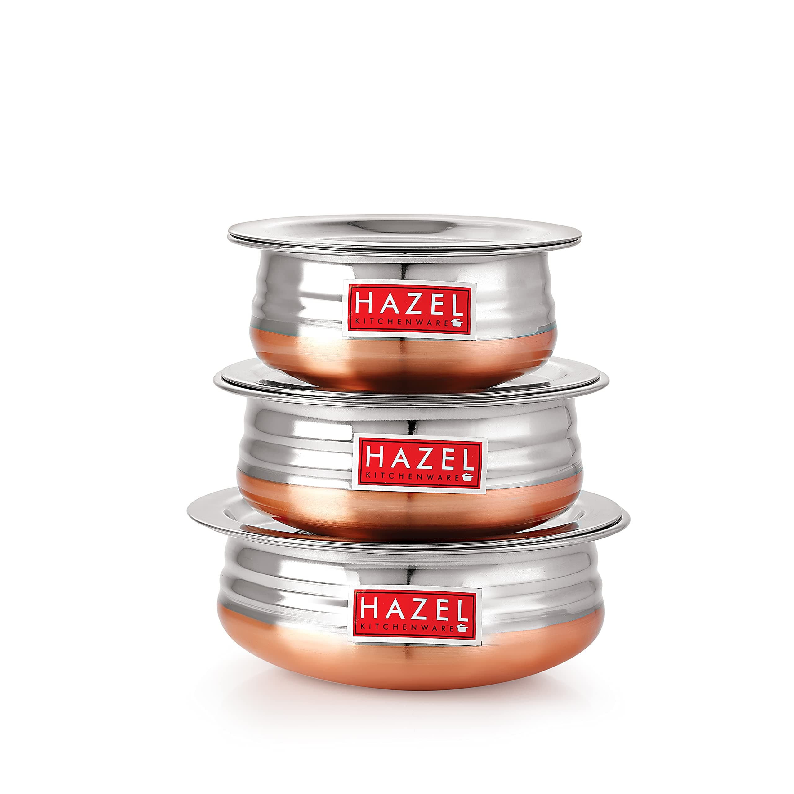 HAZEL Copper Bottom Uruli with Lid | Urli Vessel Cooking Stainless Steel (600 ML, 900 ML, 1200 ML)