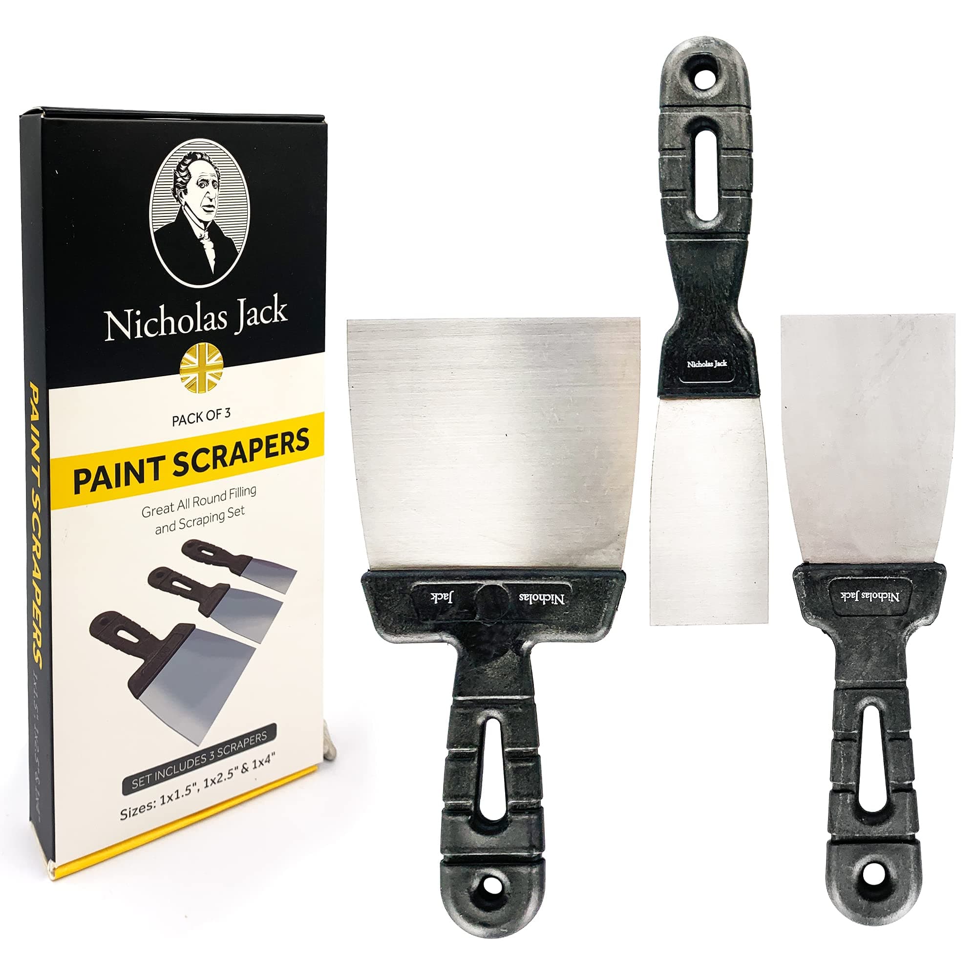 Nicholas Jack Paint Scraper Tool Set – Pack of 3 Wallpaper Scraper and Putty Knife Set, Flexible and Stainless-Steel Metal Scraper for Walls