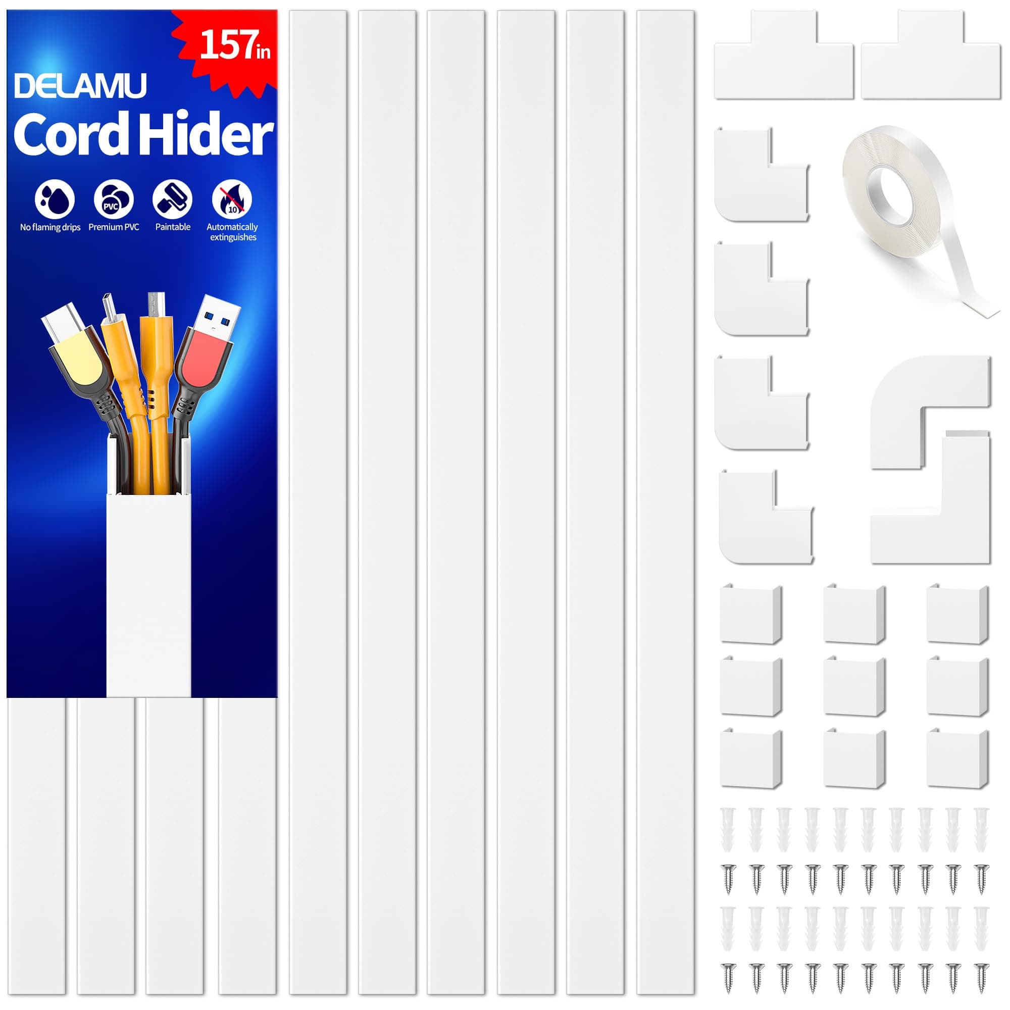 Delamu Electric Cable Trunking, 4M Cable Cover Wire Hiders for Wall, Self Adhesive Wire Trunking, Cable Management to Hide 3-4 Power Cords in Home Office, 10X L400mm, W30mm, H17mm, White