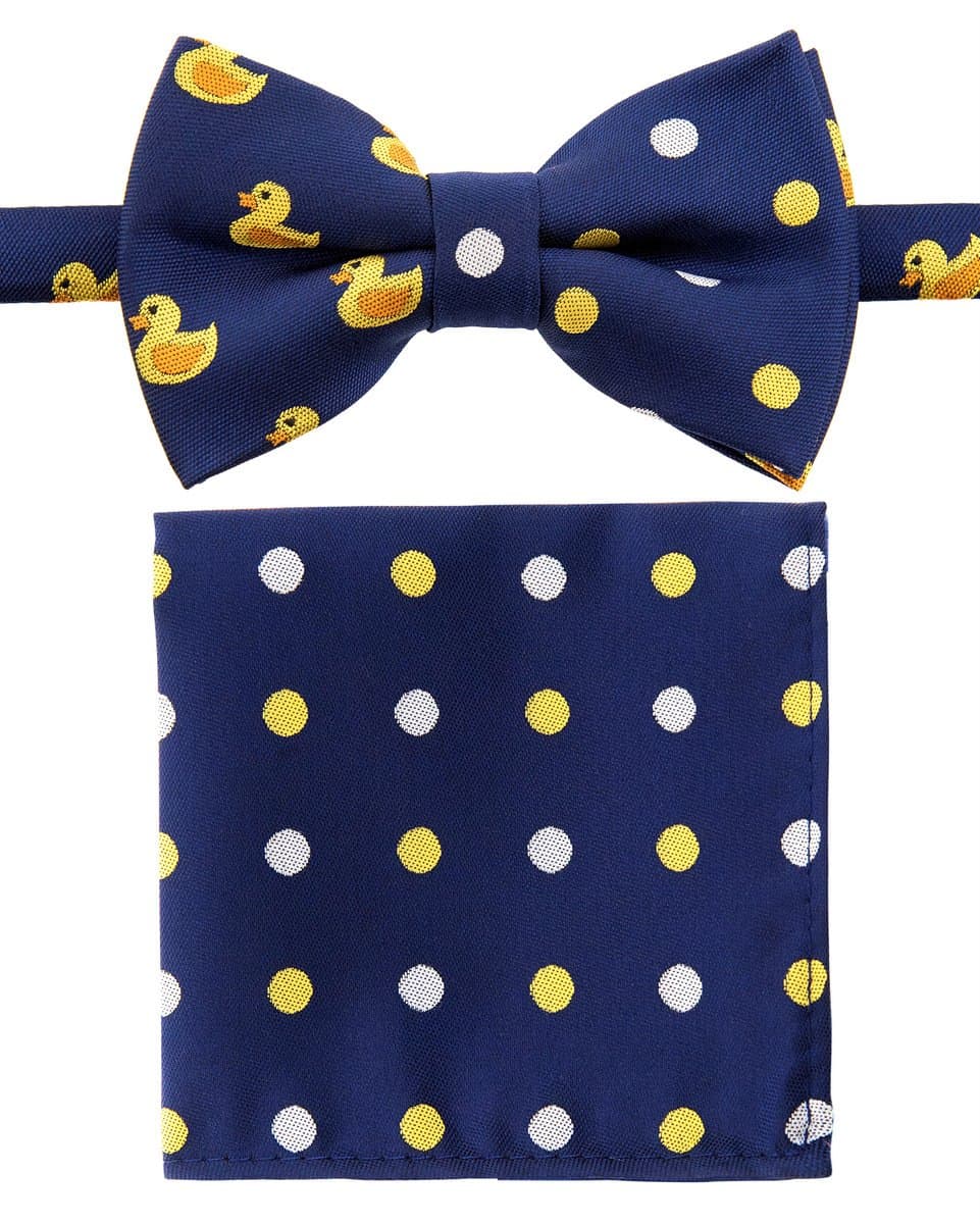 Canacana Rubber Duck Woven Microfiber Pre-tied Boy's Bow Tie with Polka Dots Pocket Square Gift Box Set - Navy Blue - 24 months - 4 years
