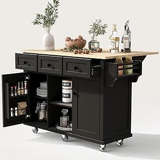 LUMISOL Kitchen Island Cart with Rubber Wood Drop-Leaf, Kitchen Island on 5 Wheels with Open Shelves, 3 Drawers and Storage Cabinet, Black