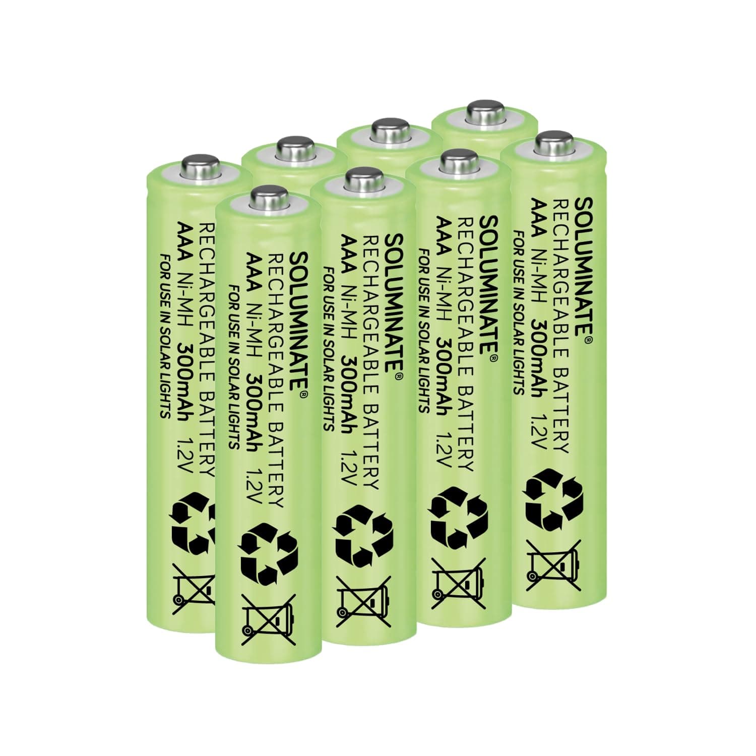 Soluminate Solar Light Batteries Size AAA (300mAh) 1.2V Rechargeable NiMH for garden solar lights (8-Pack)
