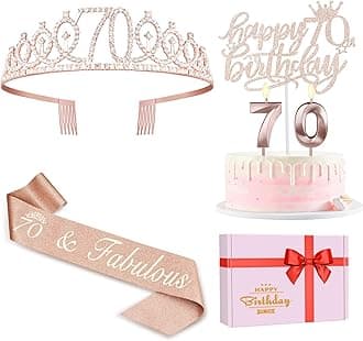 70th Birthday Decorations for Women, 70th Birthday Sash, Crown/Tiara, Candles, Cake Toppers. 70th Birthday Gifts for Women, 70th Birthday Decorations Gifts Idea