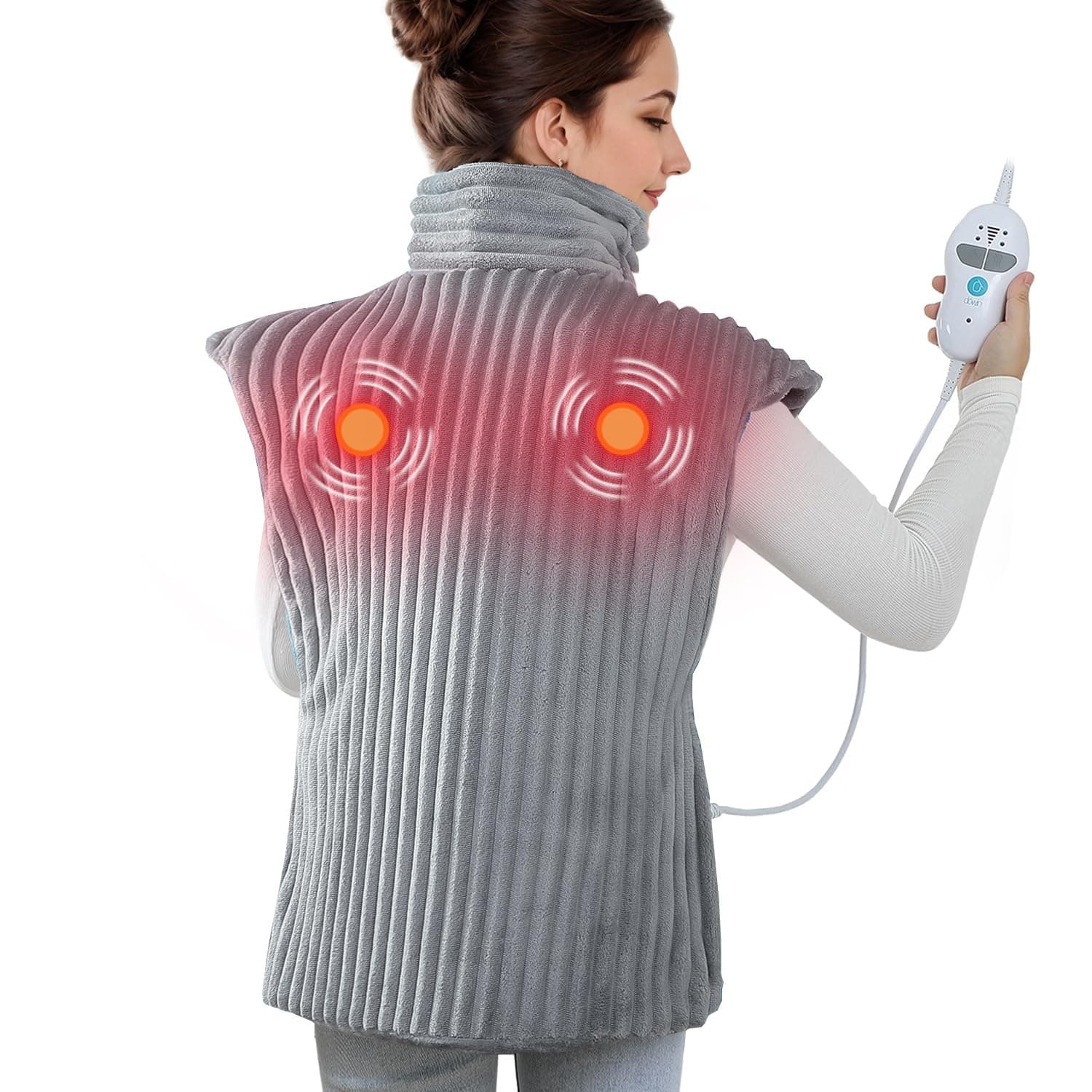 Dowin Massaging Heating Pad for Neck and Shoulders,Wearable Heating Pads for Back Pain Relief,Auto-Shut Off, 2 Heat Settings Heating Pad Wrap with Massager,Machine Washable,24 x35inch Grey