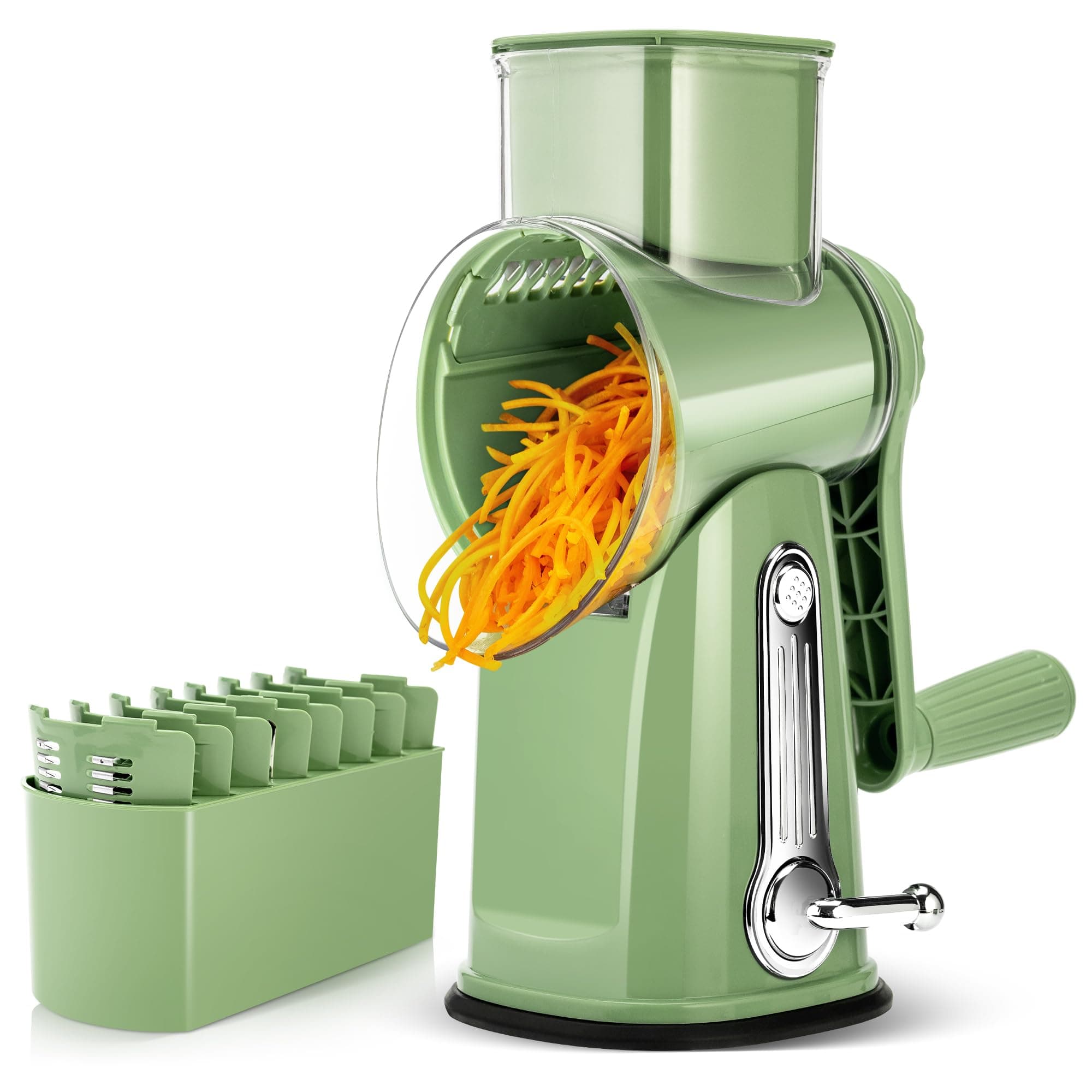 SUSTEAS Rotary Cheese Grater,Vegetable Slicer with 5 Interchangeable Blades,Strong Suction Base,Rotary Drum Grater&Food Shredder for Kitchen,with Blade Storage Box-Ideal for Cheese,Cucumber,Carrot,Nut