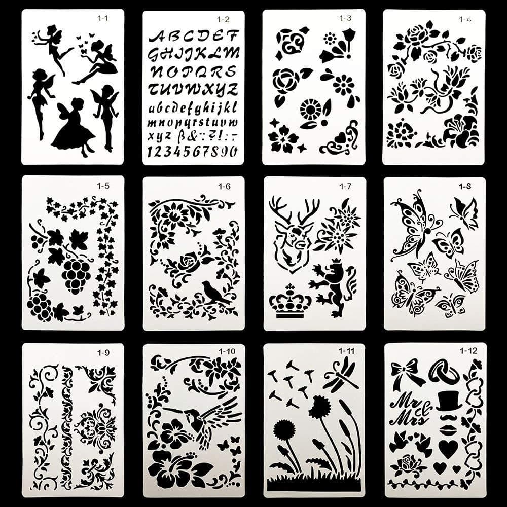 Plastic Painting Stencils, Journal Drawing Templates Set for Planner/Notebook/Diary/Scrapbook DIY Craft (12pcs)