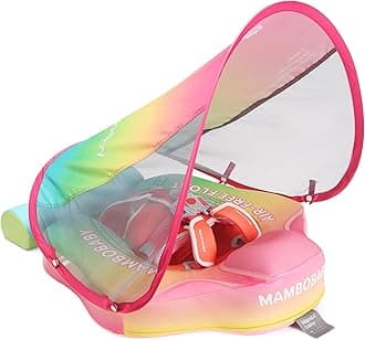 AnjeeIOT Mambobaby Float with Canopy Baby Float Non-Inflatable Baby Pool Float Solid Swimming Float Upgraded Add Tail Never Flip Over for Infant 3-24 Months, Rainbow Pink