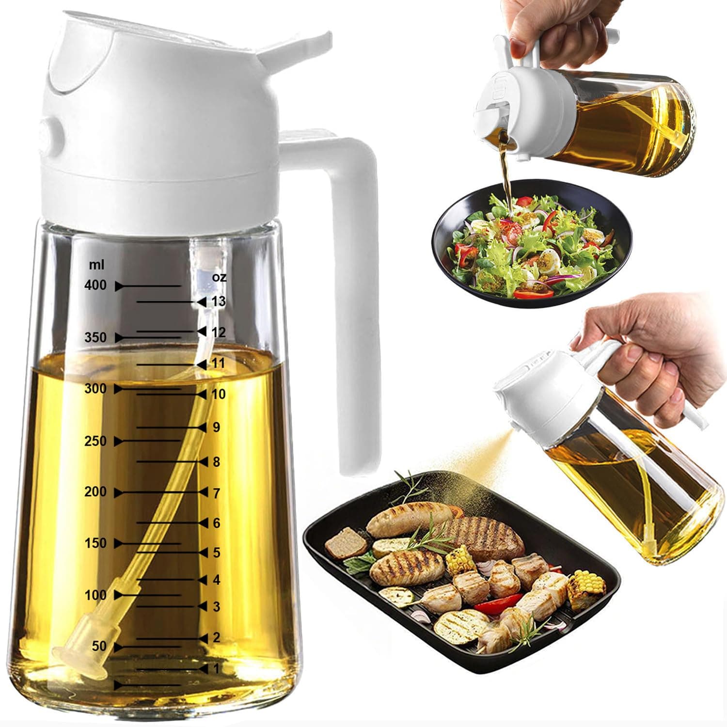 TrendPlain 470ml Olive Oil Spray Bottle for Kitchen Gadgets - 2 in 1 Olive Oil Dispenser Bottle and Air Fryer Accessories for Cooking, Salad and BBQ - White