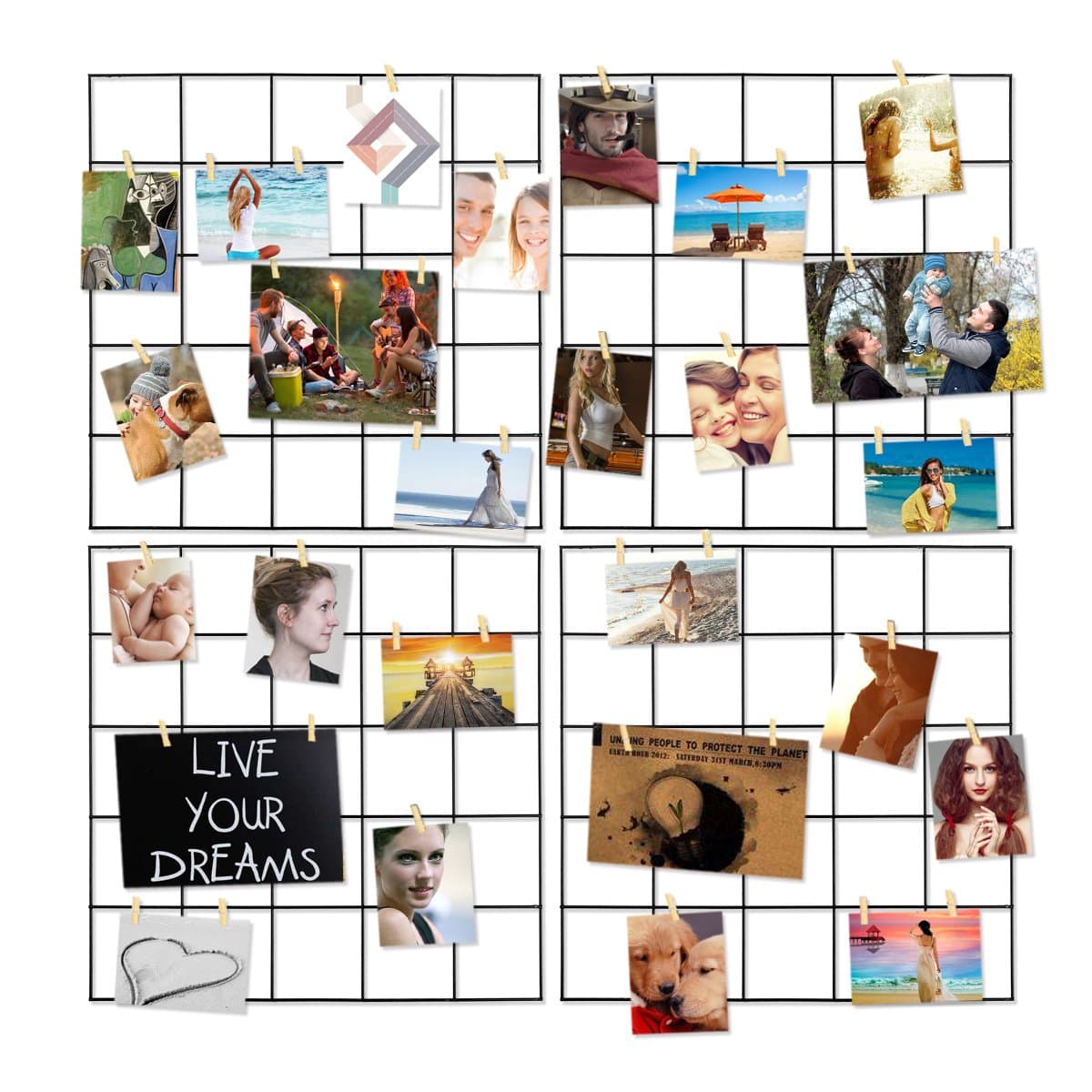 Photo Hanging Display for Room Wall Decorations,4 Pcs Multifunction Metal Mesh Wire Grid Wall Panel with 30 Clips