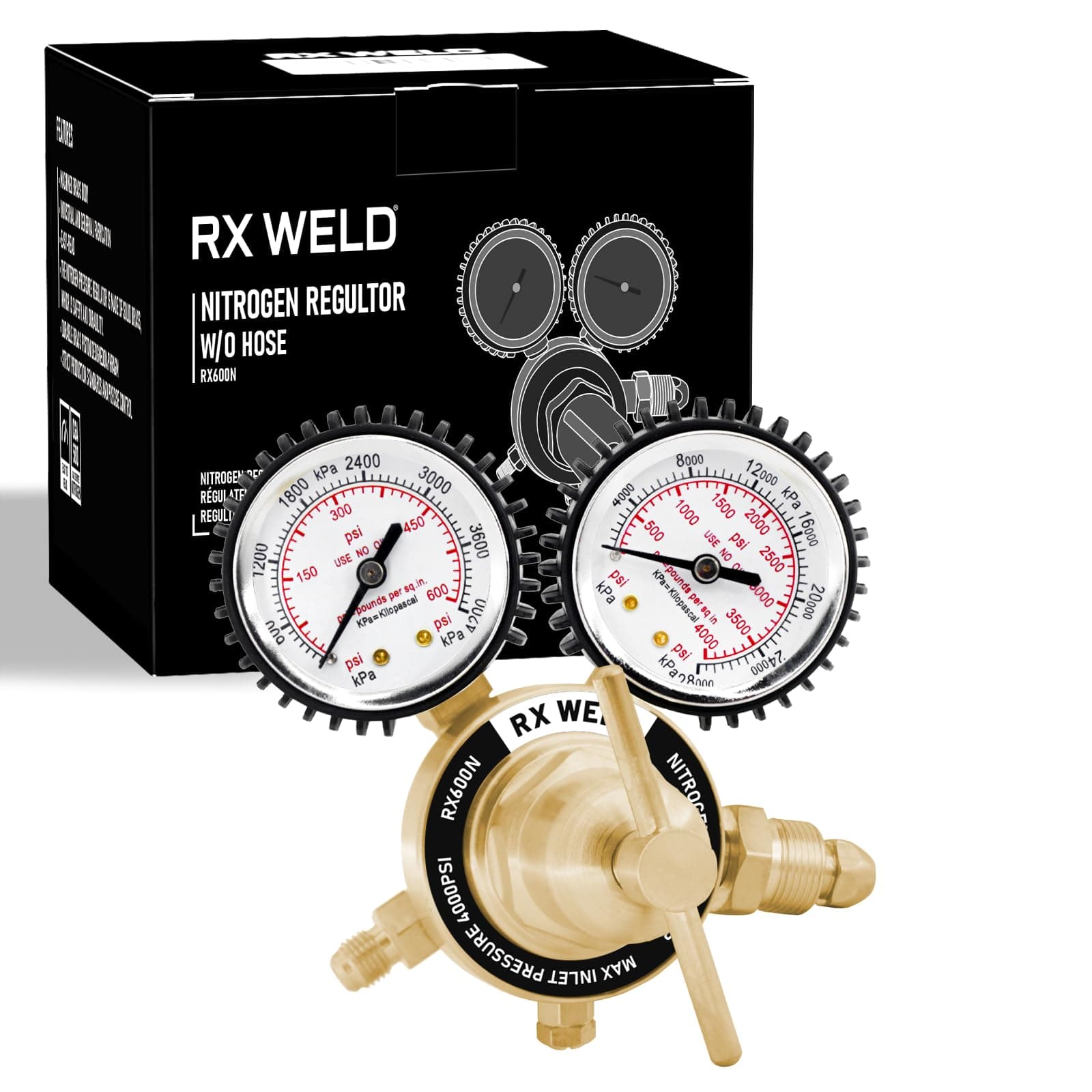 RX WELD Nitrogen Regulator with 0-600 PSI, CGA580 Inlet, Delivery Pressure Equipment Brass Inlet Outlet Connection Gauges