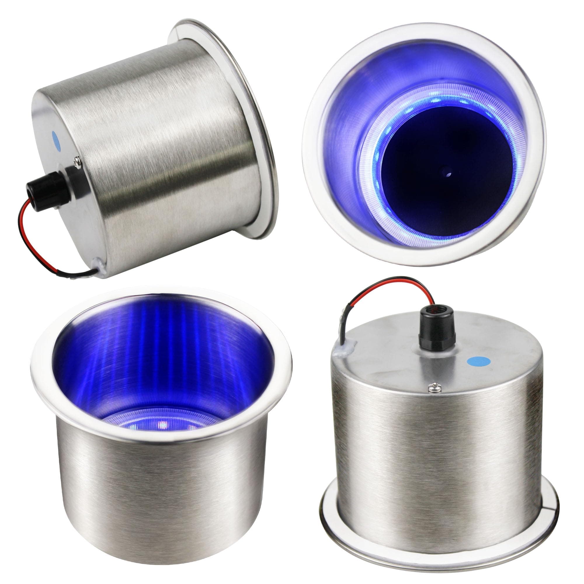 EASYEAHBlue LED Boat Cup Drink Holder - 4 Pack | Stainless Steel Polished Cup Holder Inserts with Drain for Marine Yacht Boats, RV Camper, Trucks, Cars, Couches, Golf Carts, 12V